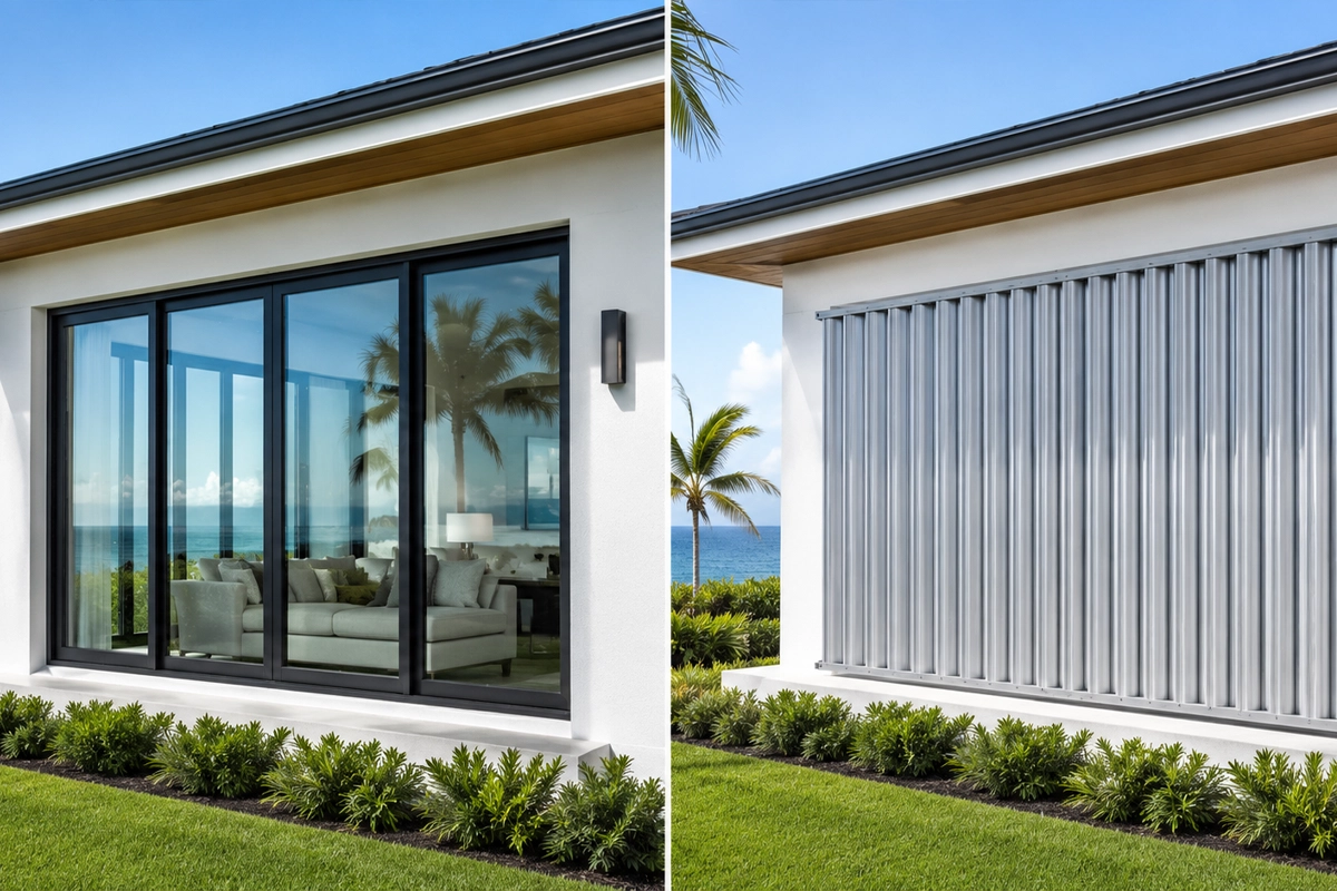 Florida home comparing permanent impact windows with hurricane shutter protection
